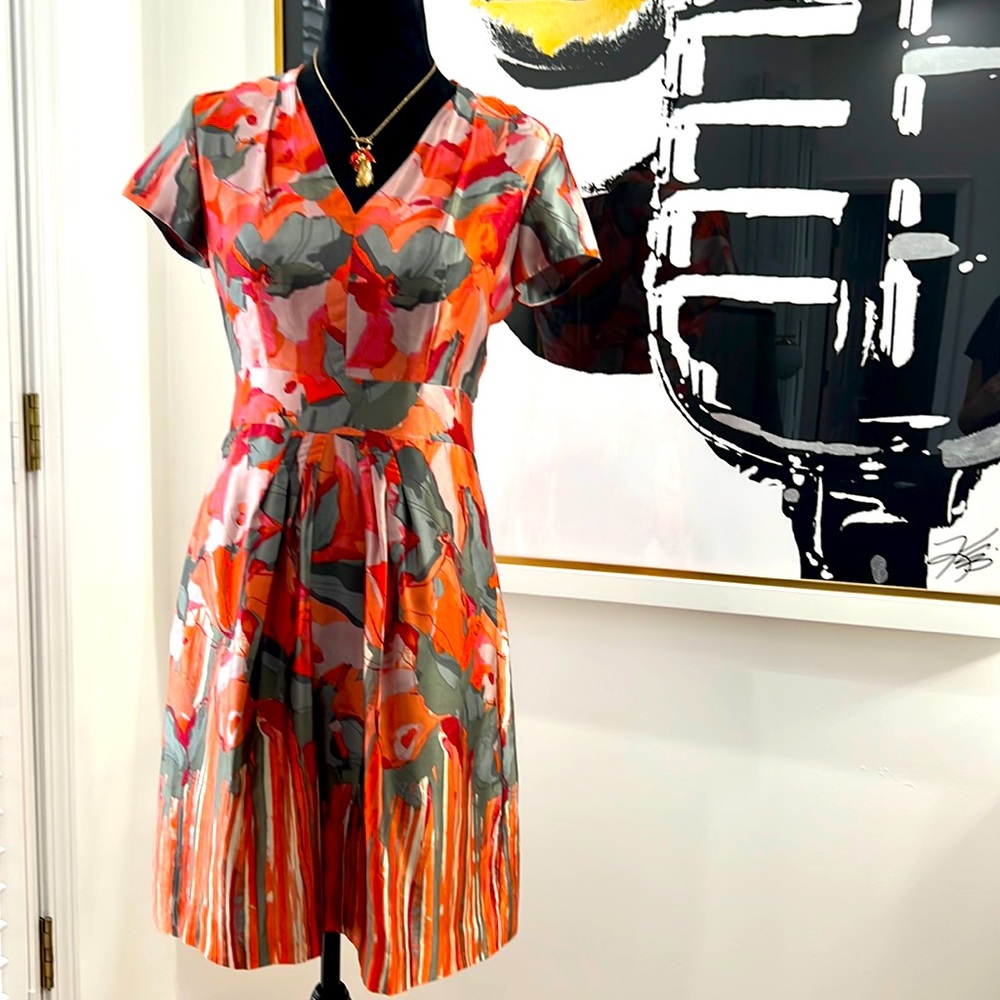 Banana Republic Orange and Green Short-Sleeve Silk Dress, Size 2